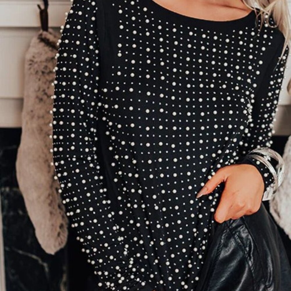 Black Mesh Embelished statement top with Pearls and Rhinestones - Picture 4 of 4